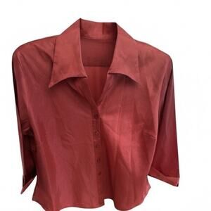 Blue Diamond dark bordeaux Satin Button Collar Blouse 3/4 Sleeve Size M